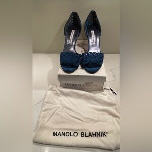 Manolo Blahnik Blue Suede D'Orsay Peep-Toe Heels with Laser-Cut Detail